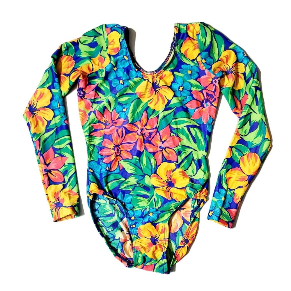 GK Elite AS Hawaiian Floral Scoop Neck Leotard VTG Long Sleeve Adult S, NWT
